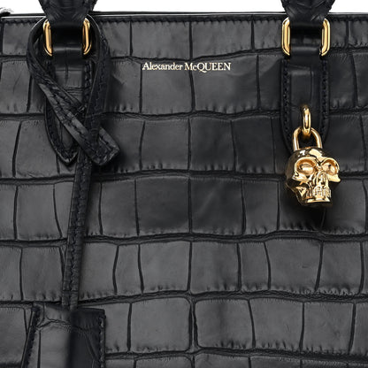 Alexander McQueen Calfskin Crocodile Embossed Small Skull Padlock Zip Around Tote Navy Blue 8 of 10
