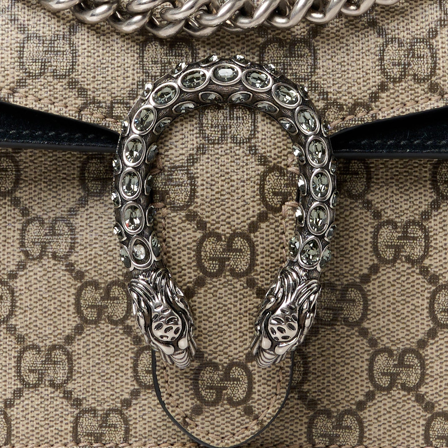 GG Supreme Monogram Suede Crystal Small Dionysus Shoulder Bag Beige Ebony Black