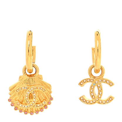 Chanel Crystal CC Shell Hoop Earrings Gold Pink 1 of 4