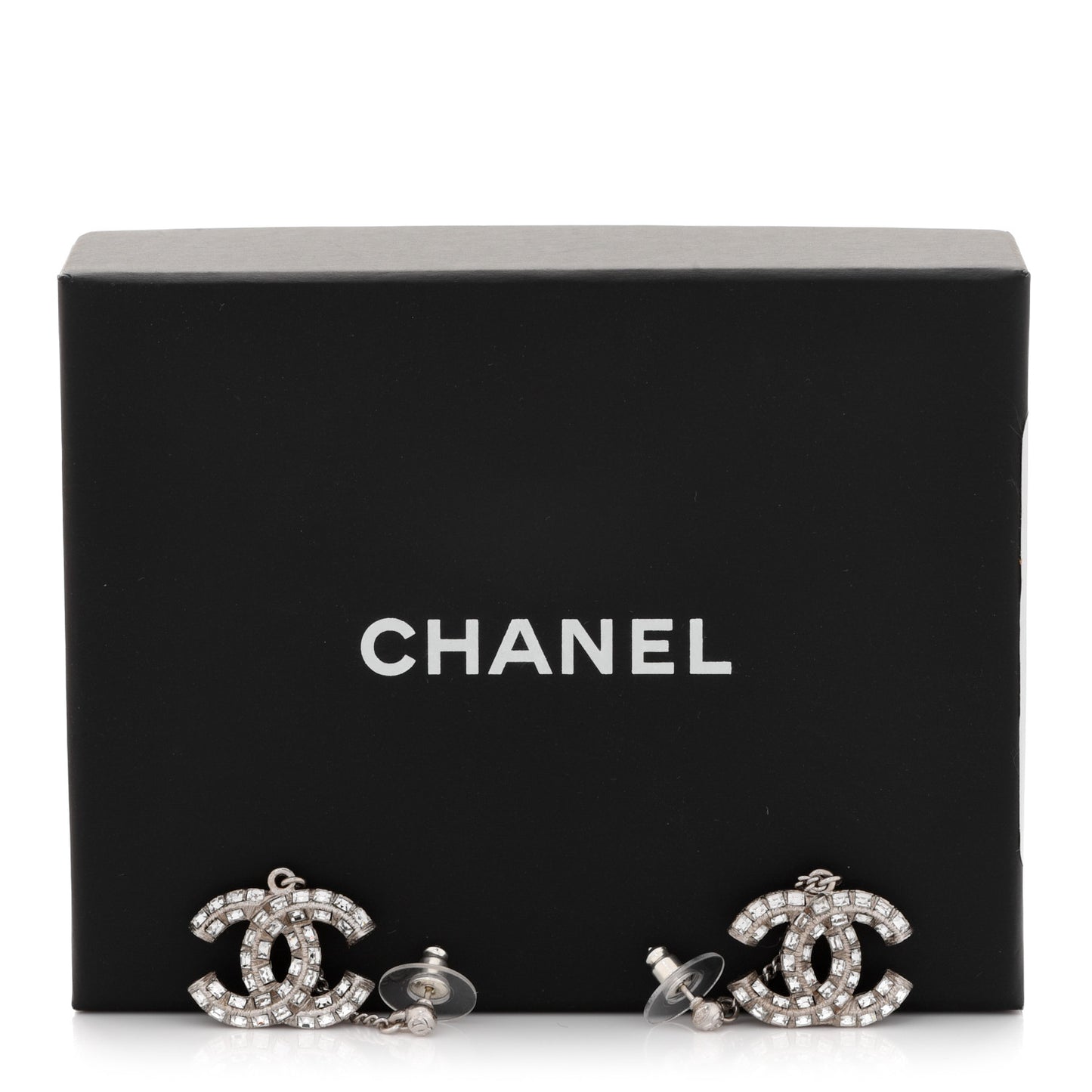 Baguette Crystal CC Drop Earrings Silver