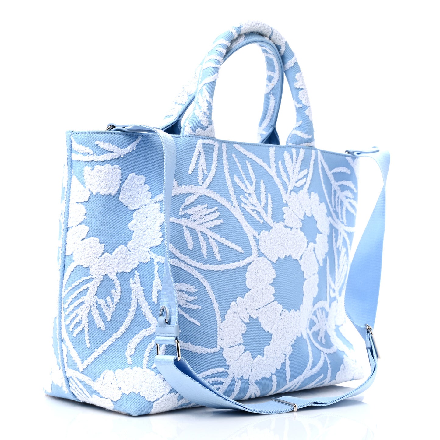 Nylon Embroidered Drill Shopping Tote Bag Sky Blue White