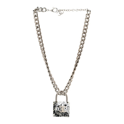 Chanel Resin CC Oversized Padlock Chain Necklace Silver Pearly White 3 of 7
