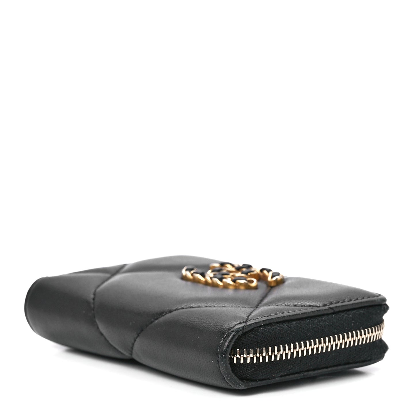 Lambskin Quilted Chanel 19 Zip Around Coin Purse Wallet Black