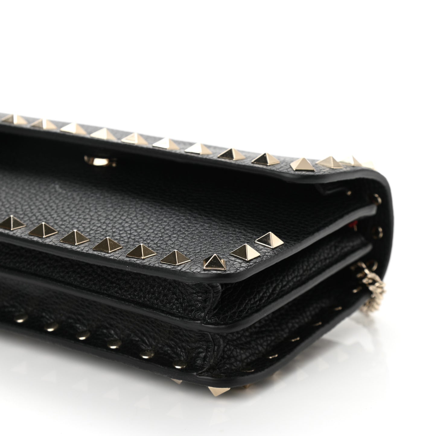 Pebbled Calfskin Rockstud Flap Wallet On Chain Black