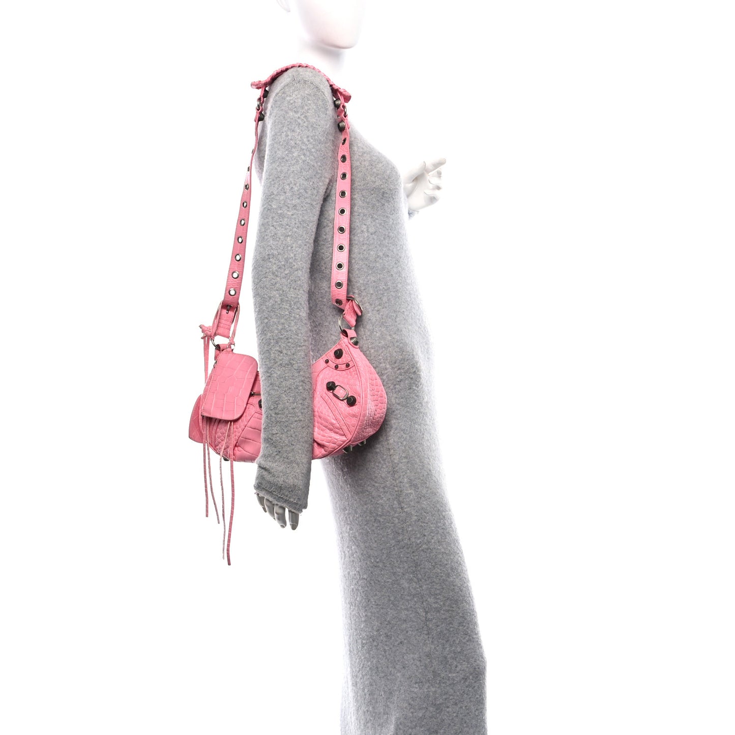 Extra Supple Calfskin Crocodile Embossed Small Le Cagole Shoulder Bag Sweet Pink