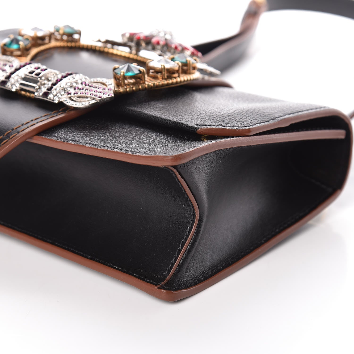 Miu Miu Goatskin Madras Soft Calf Crystal Embellished Shoulder Bag Black 6 of 8