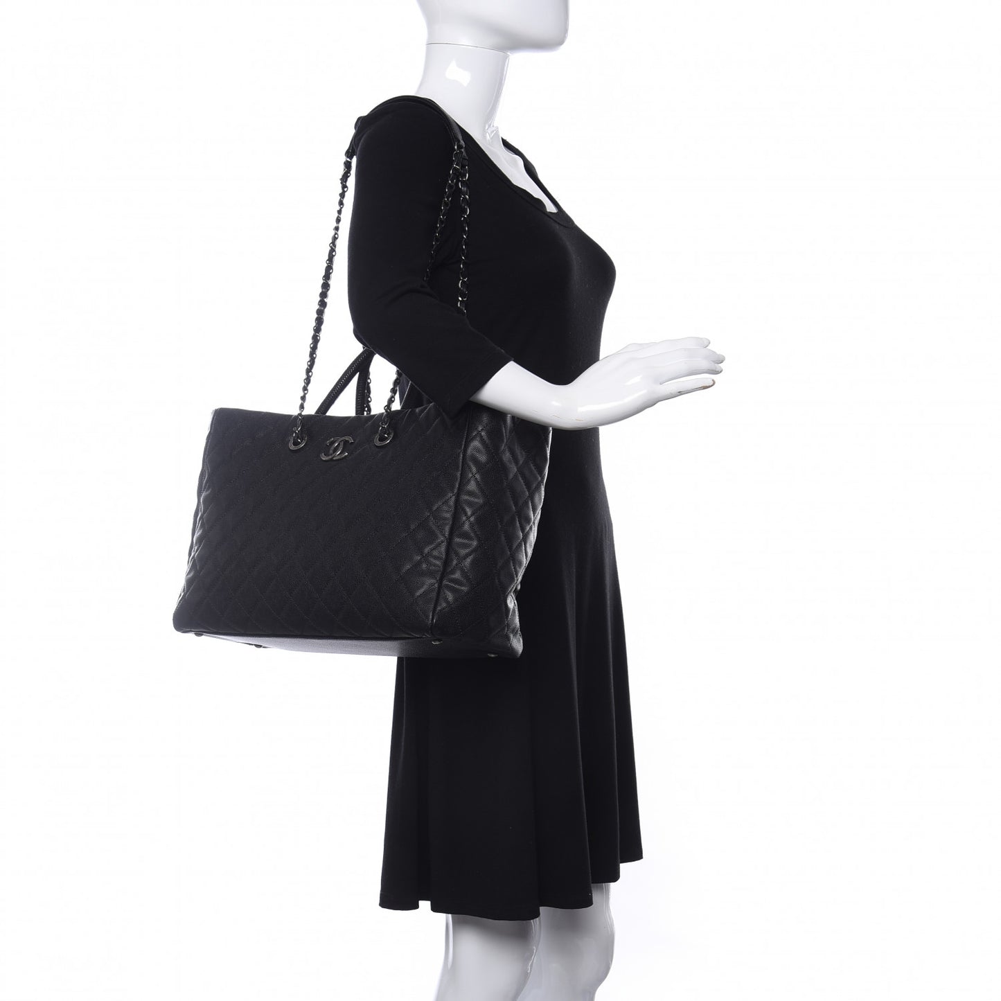 Caviar Quilted Large Coco Handle Shopping Tote Black