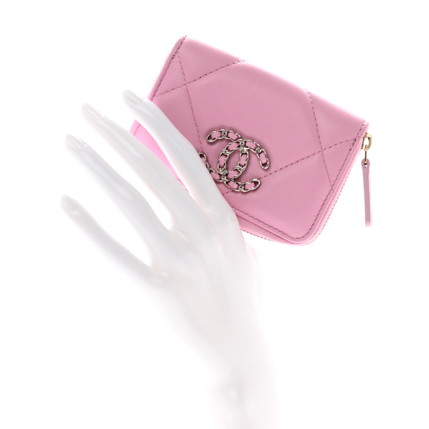 Chanel Lambskin Quilted Chanel 19 Zip Around Coin Purse Wallet Light Pink 2 of 9