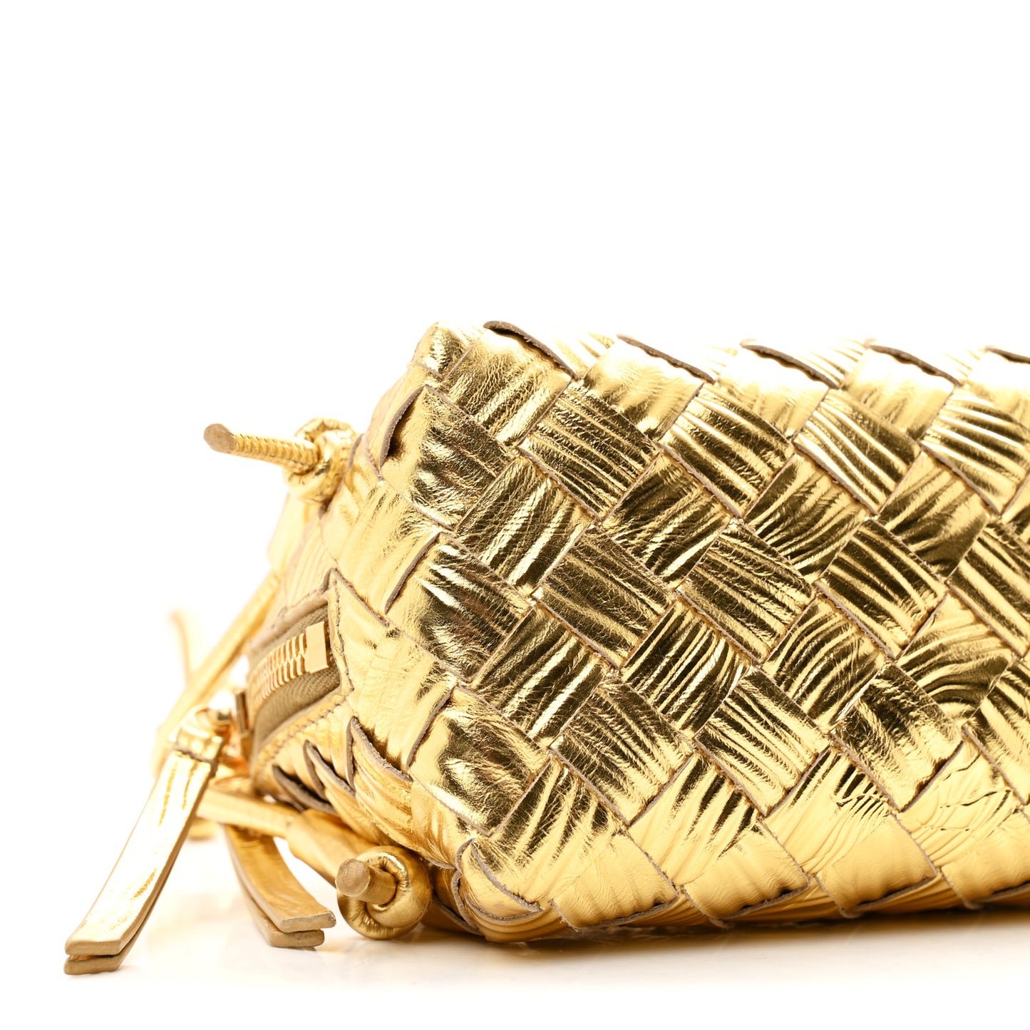 Laminated Calfskin Intrecciato Embossed Wood Effect Concert Pouch Gold