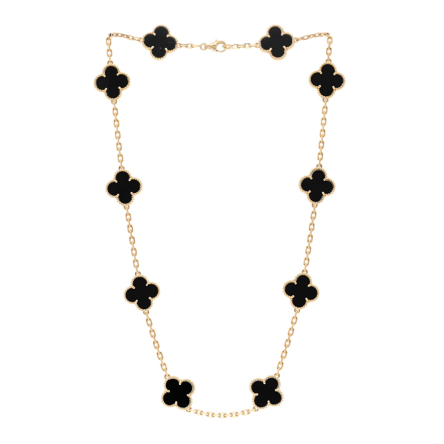 18K Yellow Gold Black Onyx 10 Motifs Vintage Alhambra Necklace