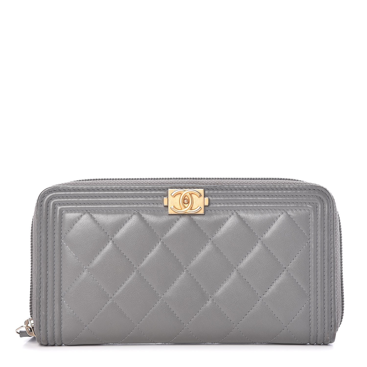 Chanel Lambskin Quilted Boy Zip Around Wallet Grey 1 of 14