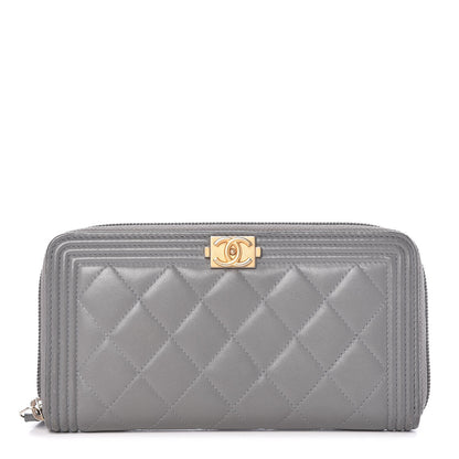 Chanel Lambskin Quilted Boy Zip Around Wallet Grey 1 of 14