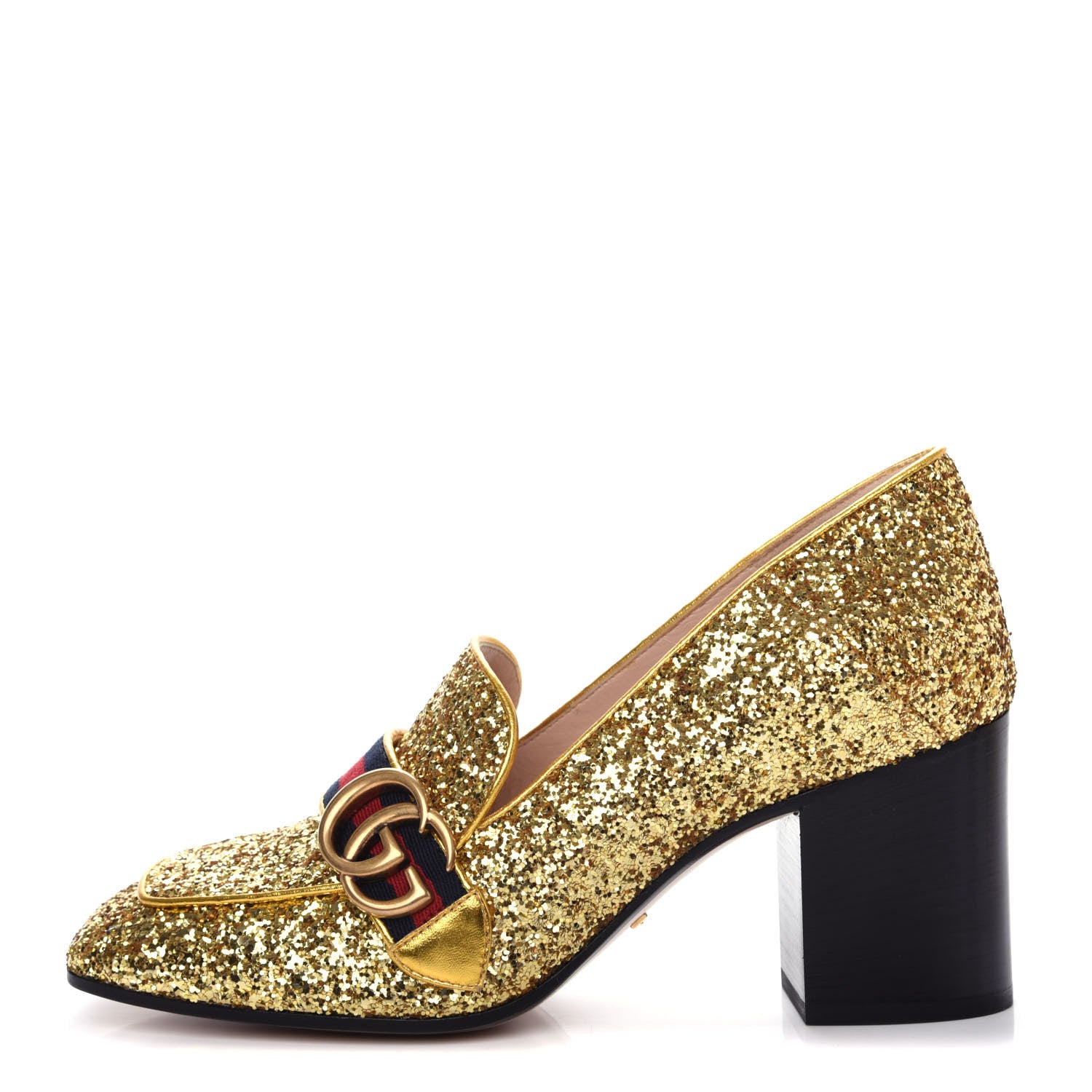 Gucci Glitter Nappa Web Peyton 75mm Loafer Pumps 39 Oro Vecchio 1 of 11