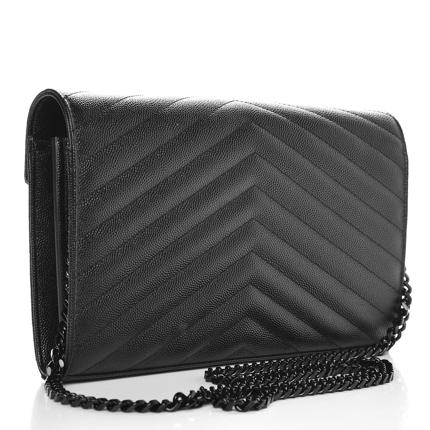 Saint Laurent Grain De Poudre Matelasse Chevron Monogram Chain Wallet Black 3 of 9