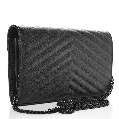 Saint Laurent Grain De Poudre Matelasse Chevron Monogram Chain Wallet Black 3 of 9