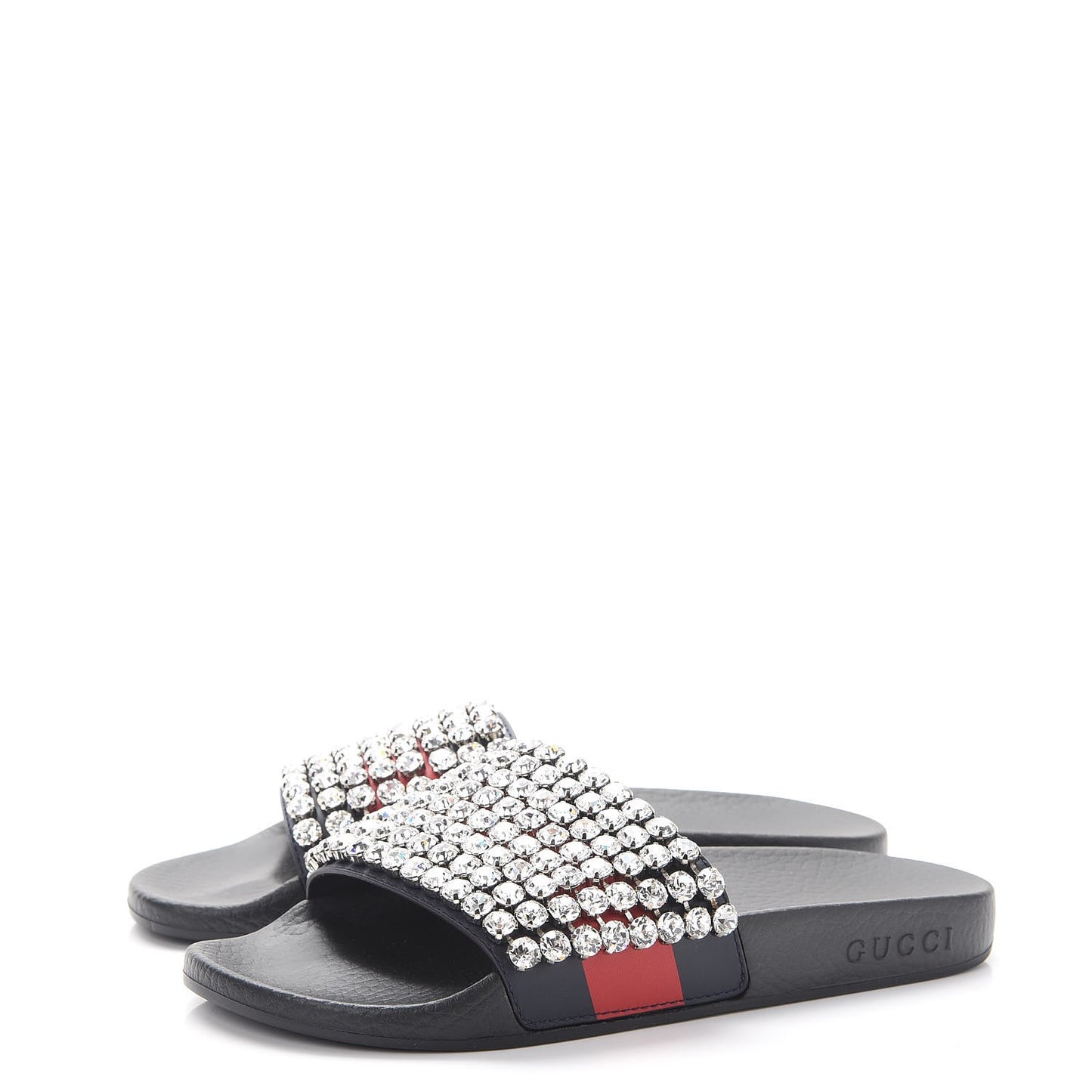 Calfskin Crystal Embellished Web Slide Sandals 37 Blue Red