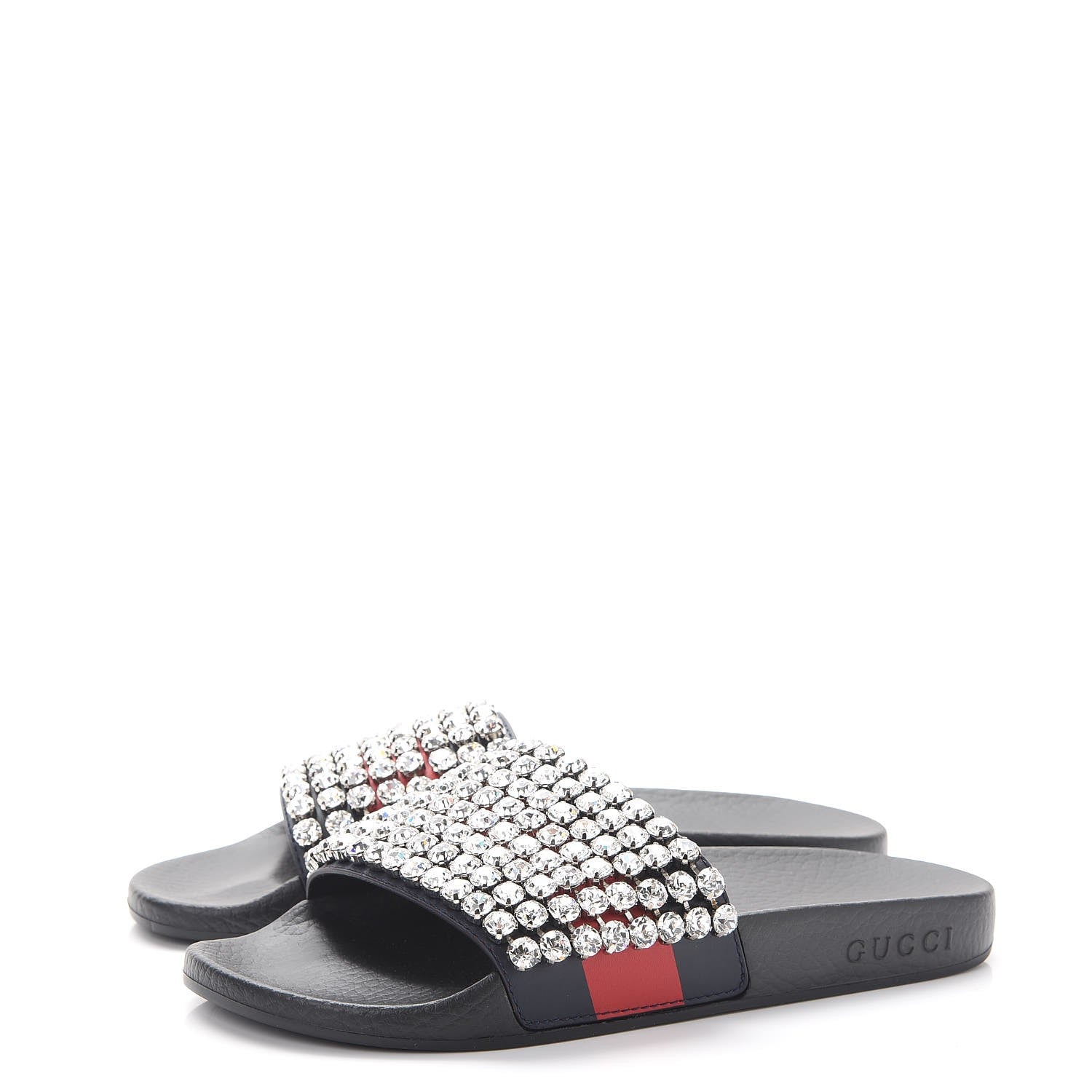 Gucci Calfskin Crystal Embellished Web Slide Sandals 37 Blue Red 3 of 8