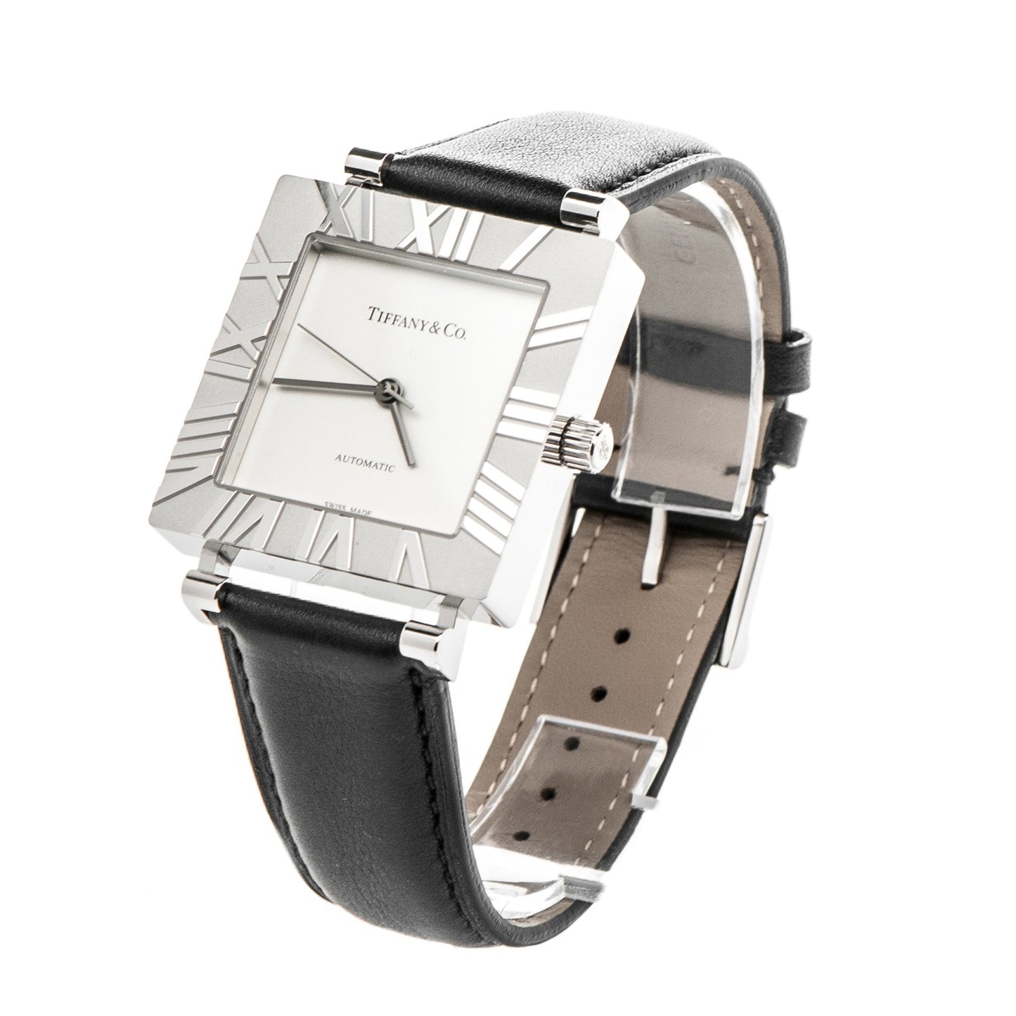 Sterling Silver Calfskin 34mm Atlas Square Automatic Watch