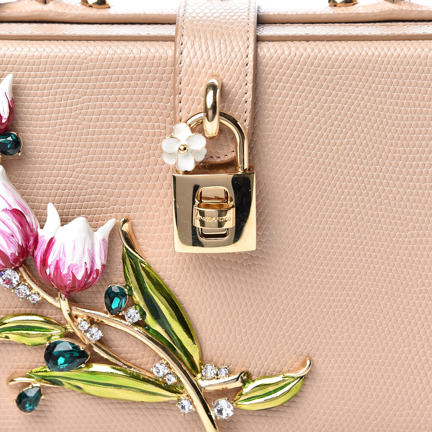 Dolce & Gabbana Lizard Calfskin Embossed Dauphine Tulip Crystal Embellished Box Bag Taupe 9 of 10