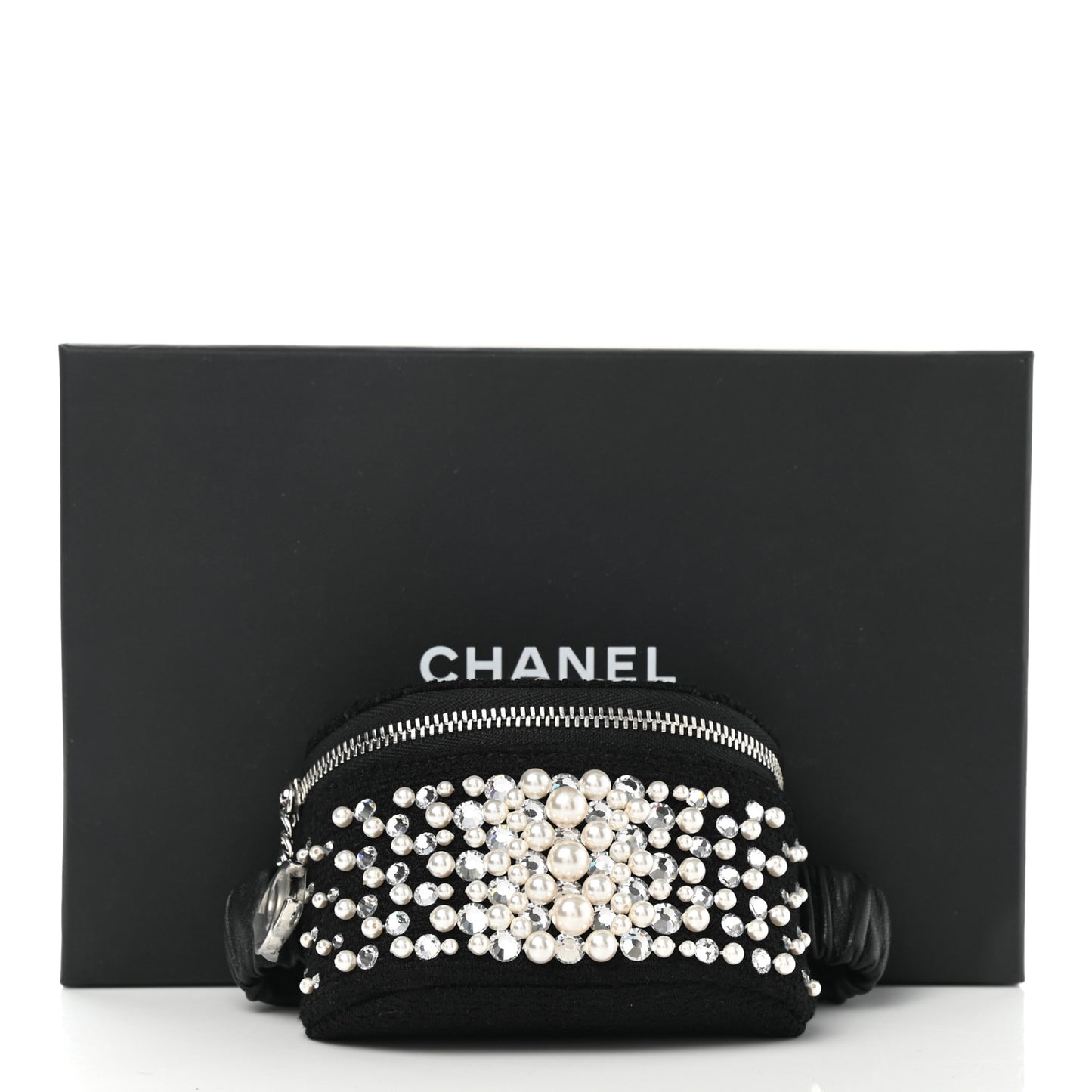 Tweed Pearl Lambskin Quilted Arm Coin Purse Black