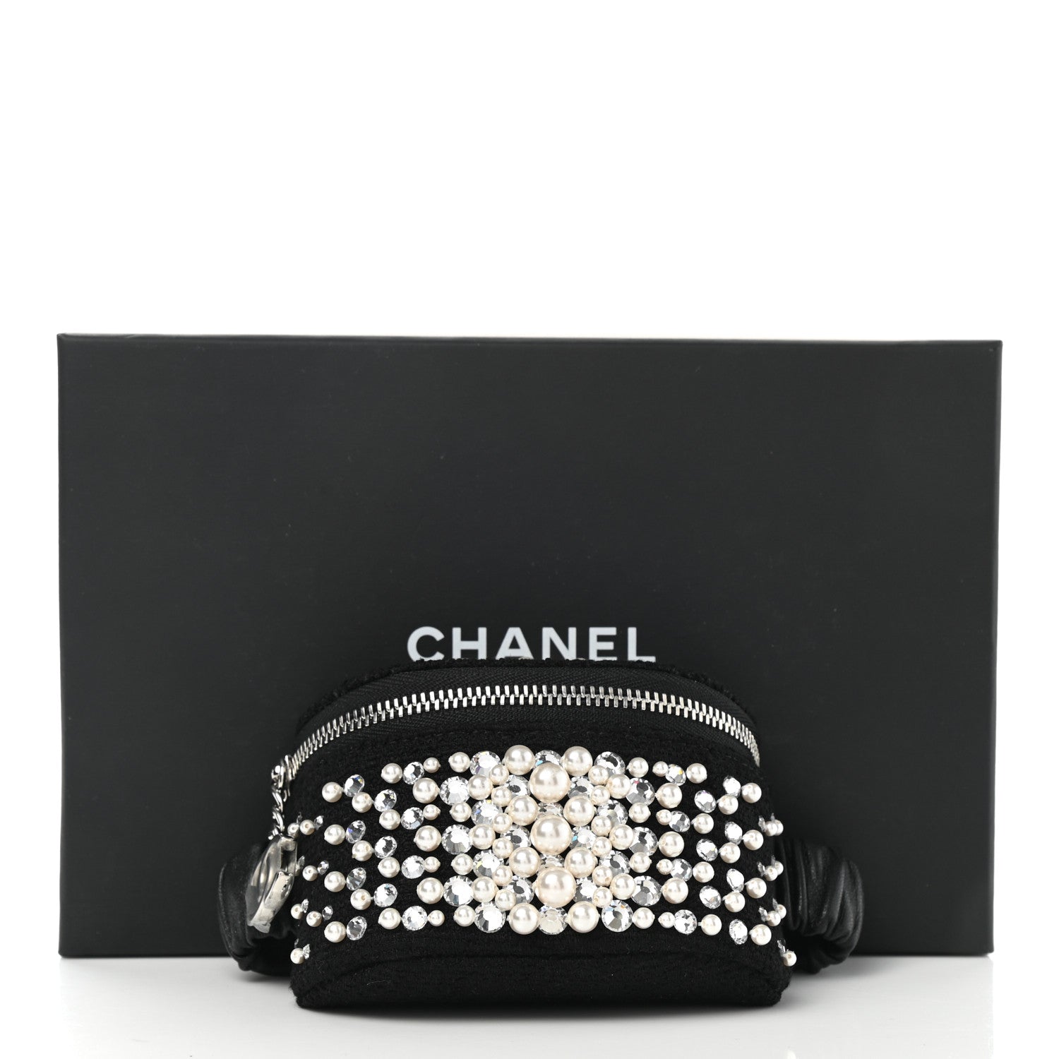 Chanel Tweed Pearl Lambskin Quilted Arm Coin Purse Black 8 of 8