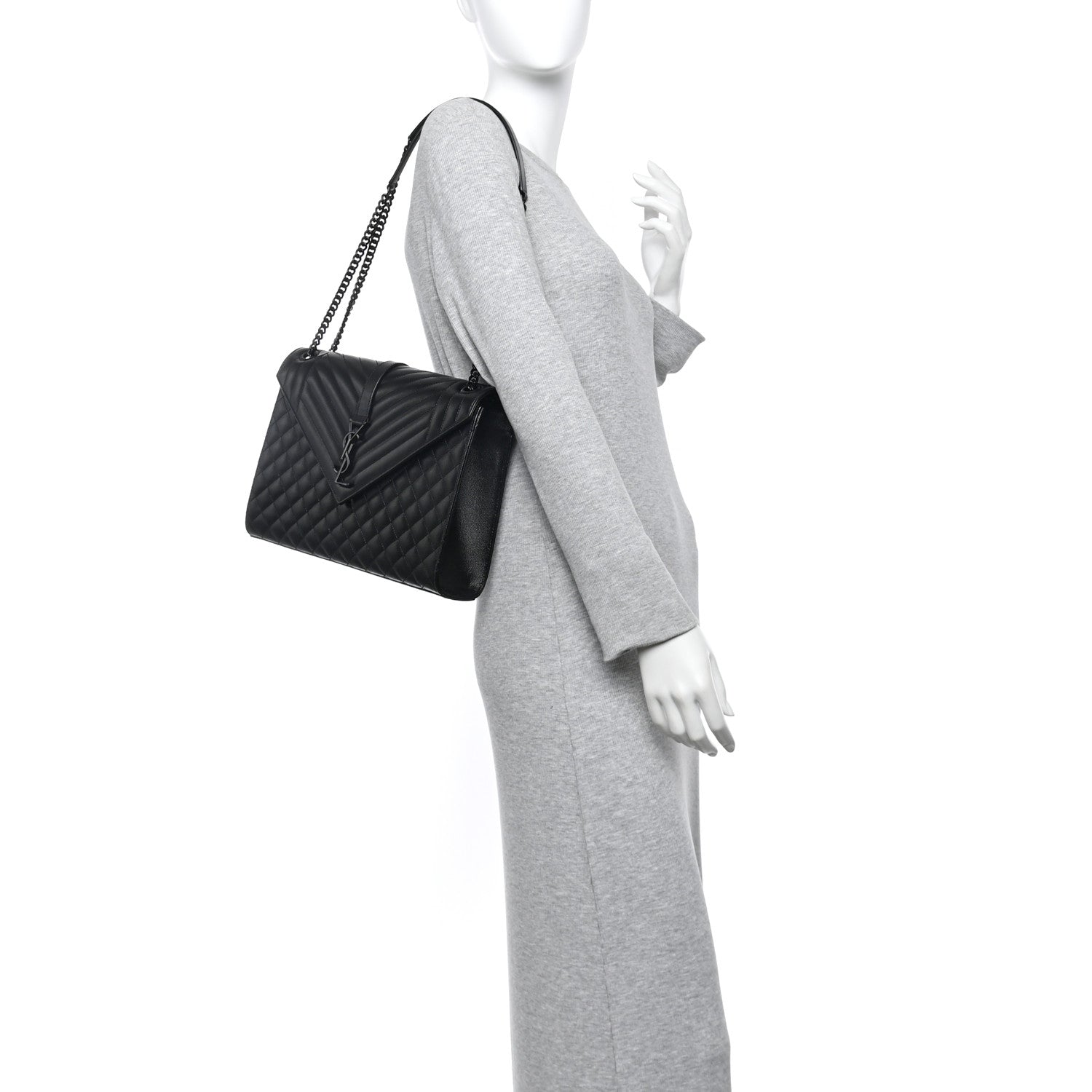 Saint Laurent Grain De Poudre Textured Mixed Matelasse Large Triquilt Monogram Monochrome Satchel Black 2 of 9