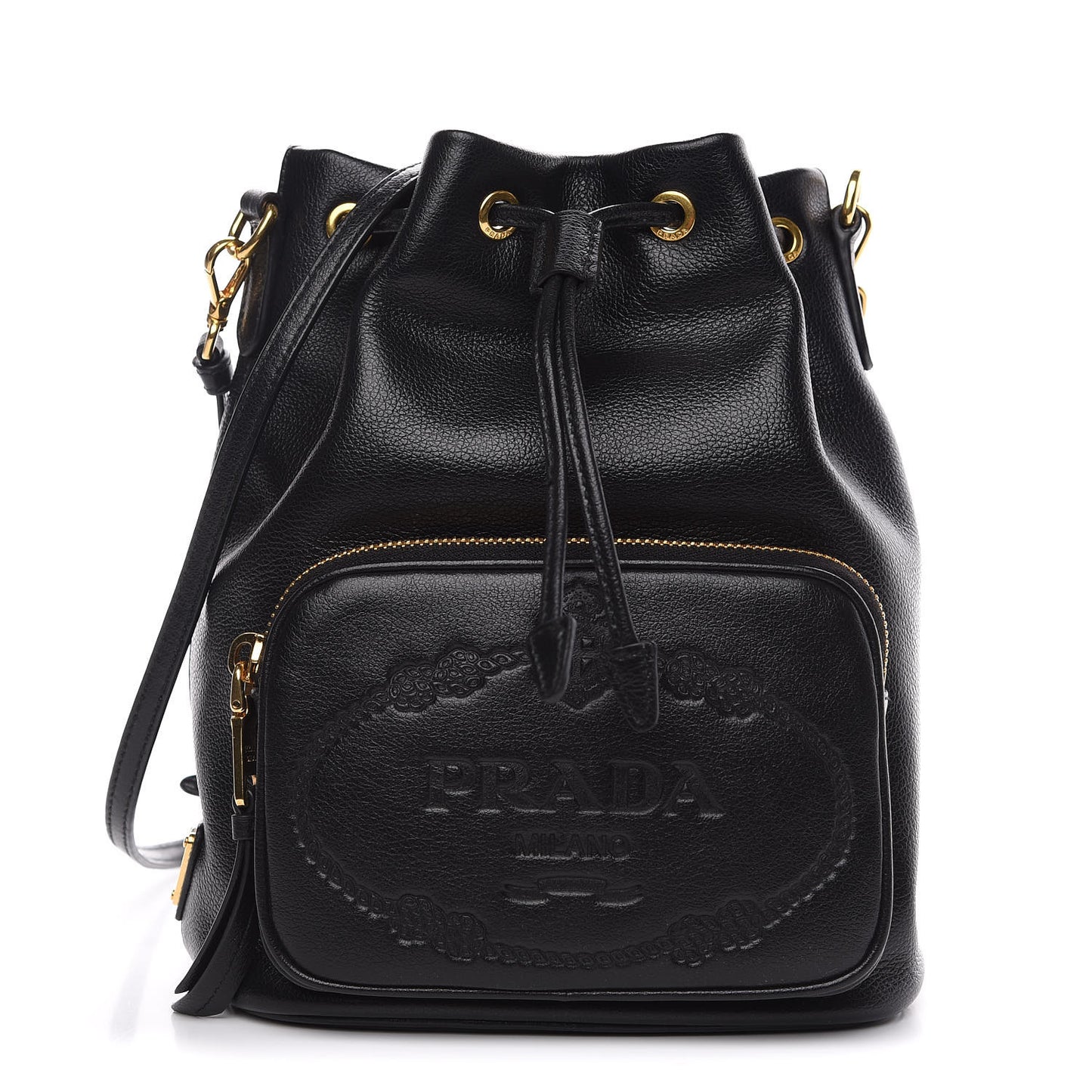 Glace Calfskin Embossed Secchiello Bucket Bag Black
