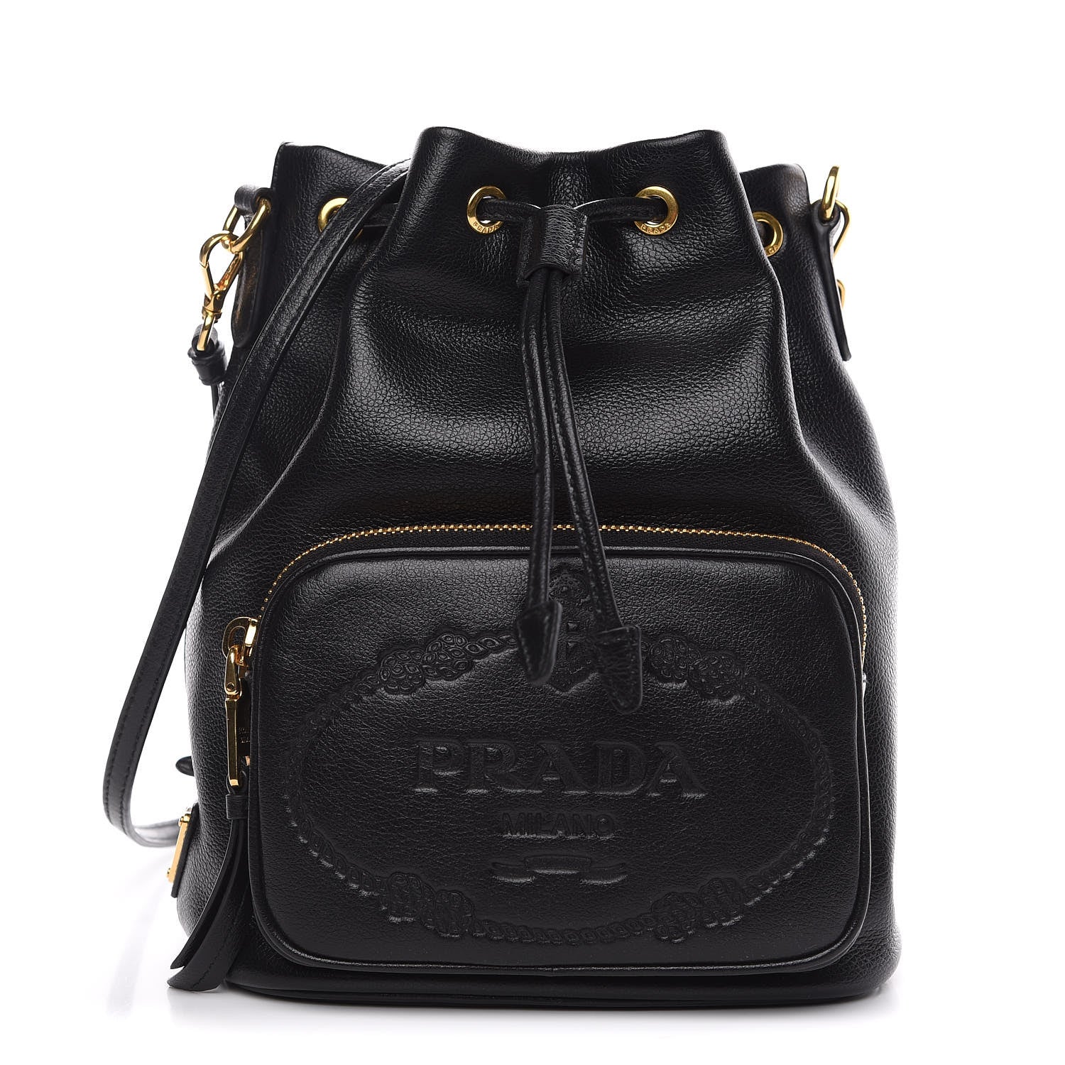 Prada Glace Calfskin Embossed Secchiello Bucket Bag Black 1 of 10