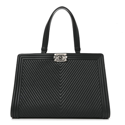 Chanel Calfskin Chevron Quilted Boy Shopping Tote Grey 1 of 10