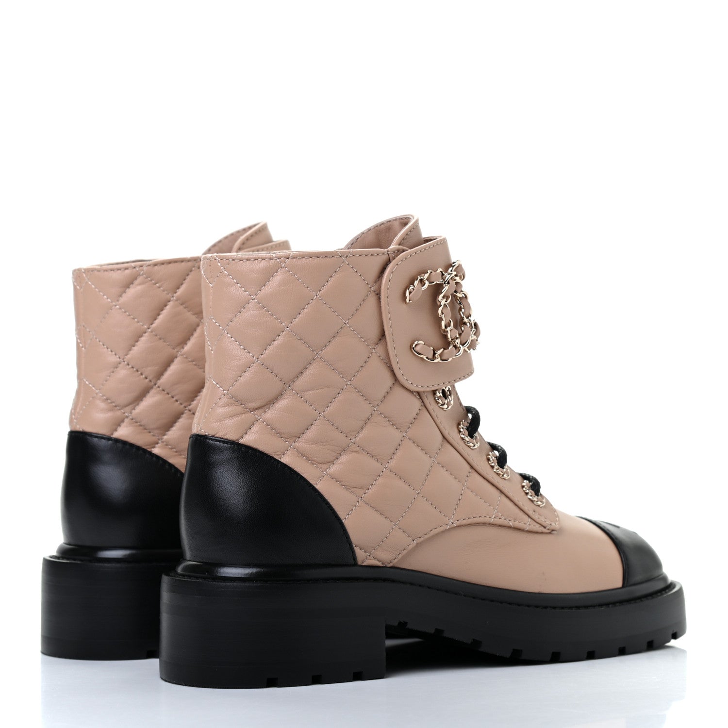 Chanel Shiny Lambskin Quilted Lace Up Combat Boots 35 Beige Black 4 of 8