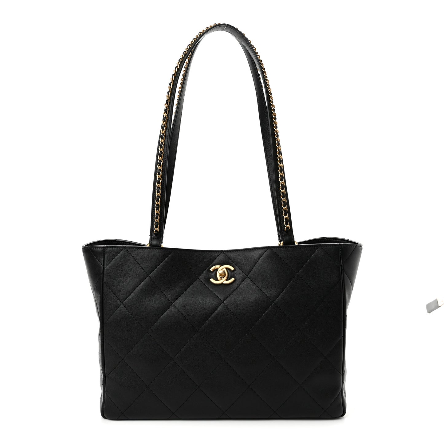 Calfskin Quilted Chain Shopping Tote Black