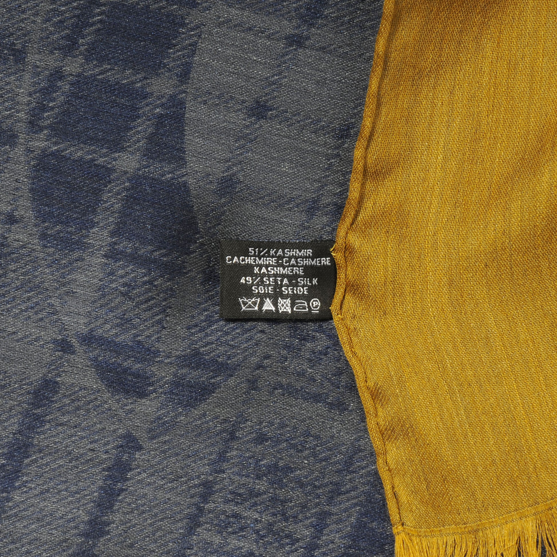 Chanel Cashmere Silk Plaid CC Scarf Navy Yellow 6 of 6