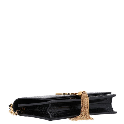 Saint Laurent Calfskin Crocodile Embossed Kate Monogram Tassel Chain Wallet Black 3 of 10
