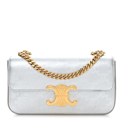 Celine Laminated Calfskin Triomphe Embossed Claude Chain Shoulder Bag Silver 1 of 12