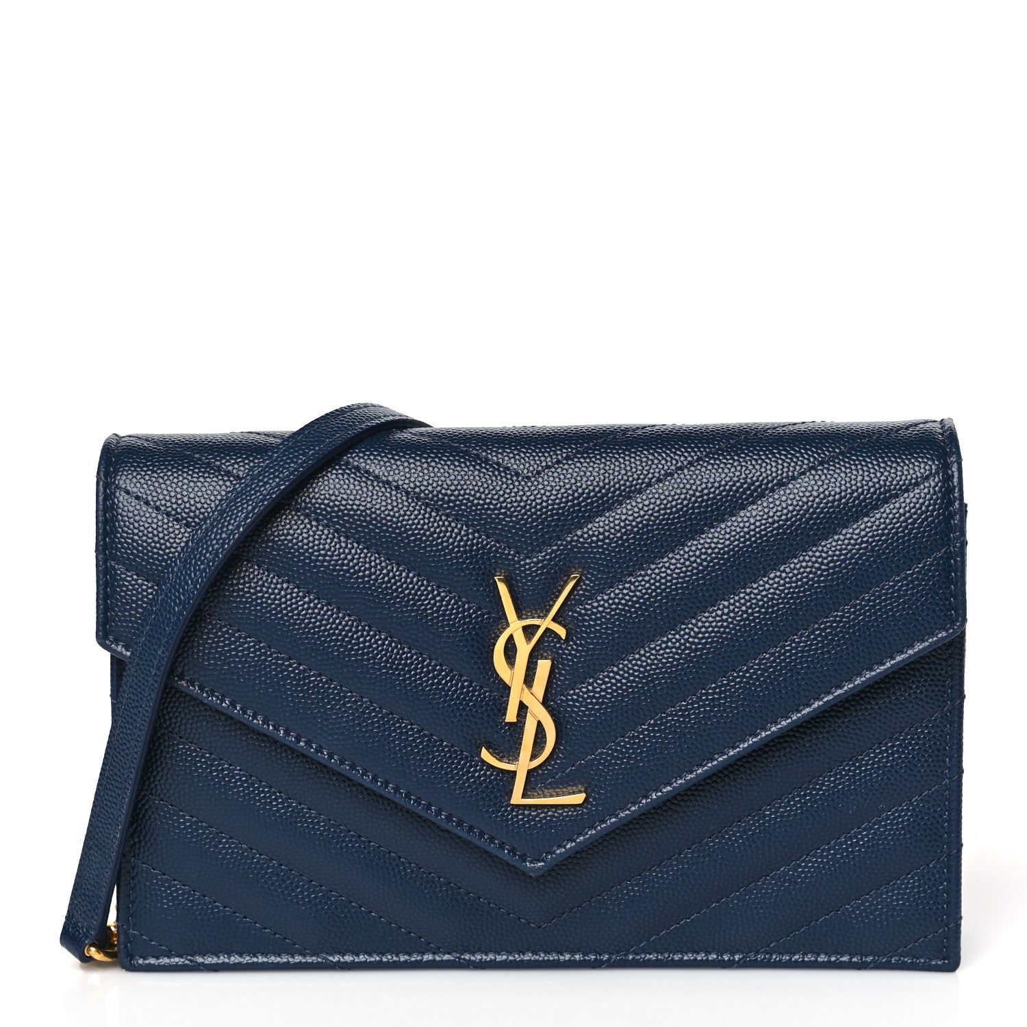Saint Laurent Grain De Poudre Matelasse Chevron Monogram Envelope Chain Wallet Navy 1 of 8