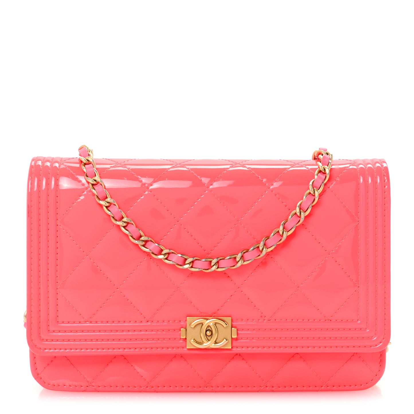 Patent Calfskin Quilted Boy Wallet On Chain WOC Pink
