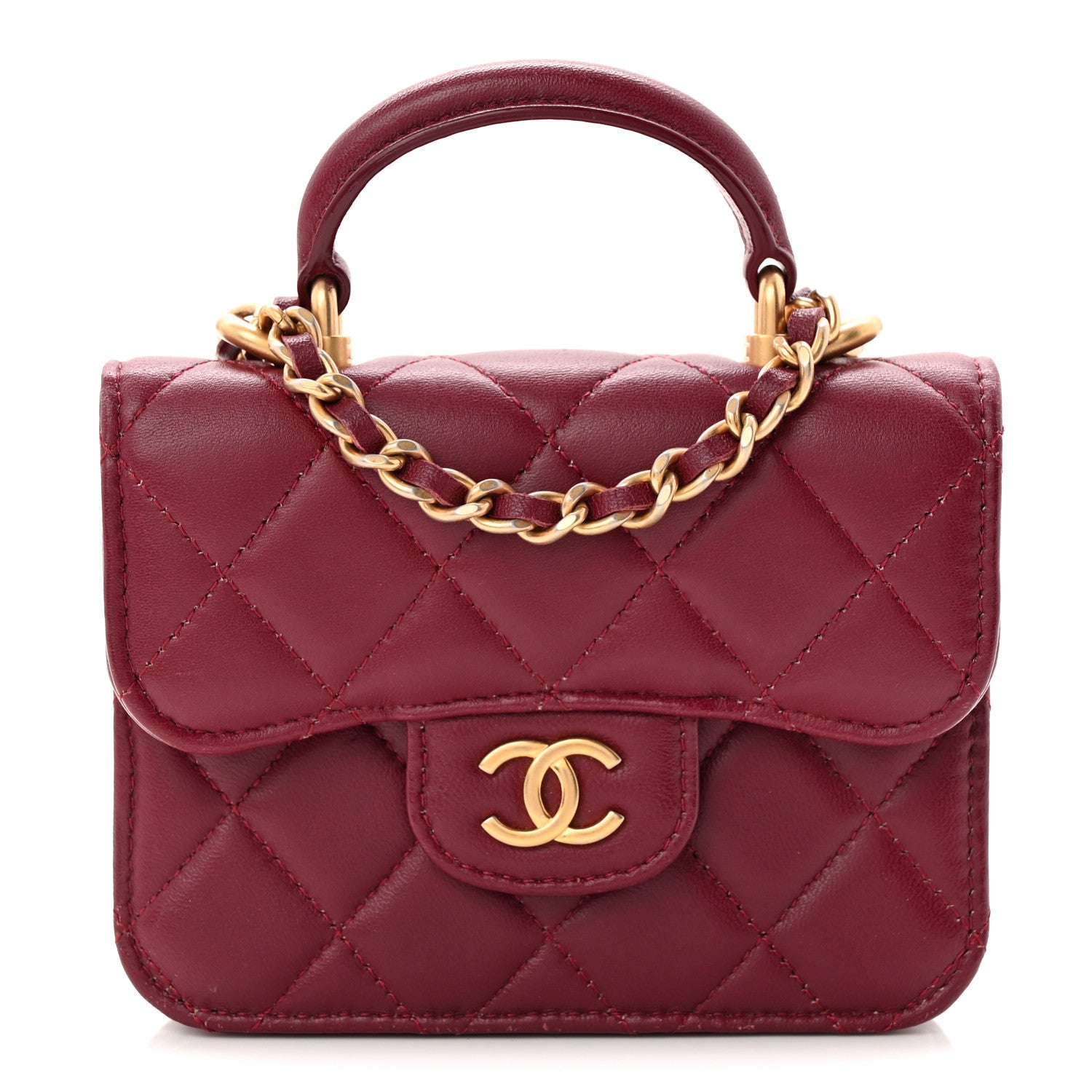 Chanel Lambskin Quilted Top Handle Flap Coin Purse With Chain Burgundy 1 of 12