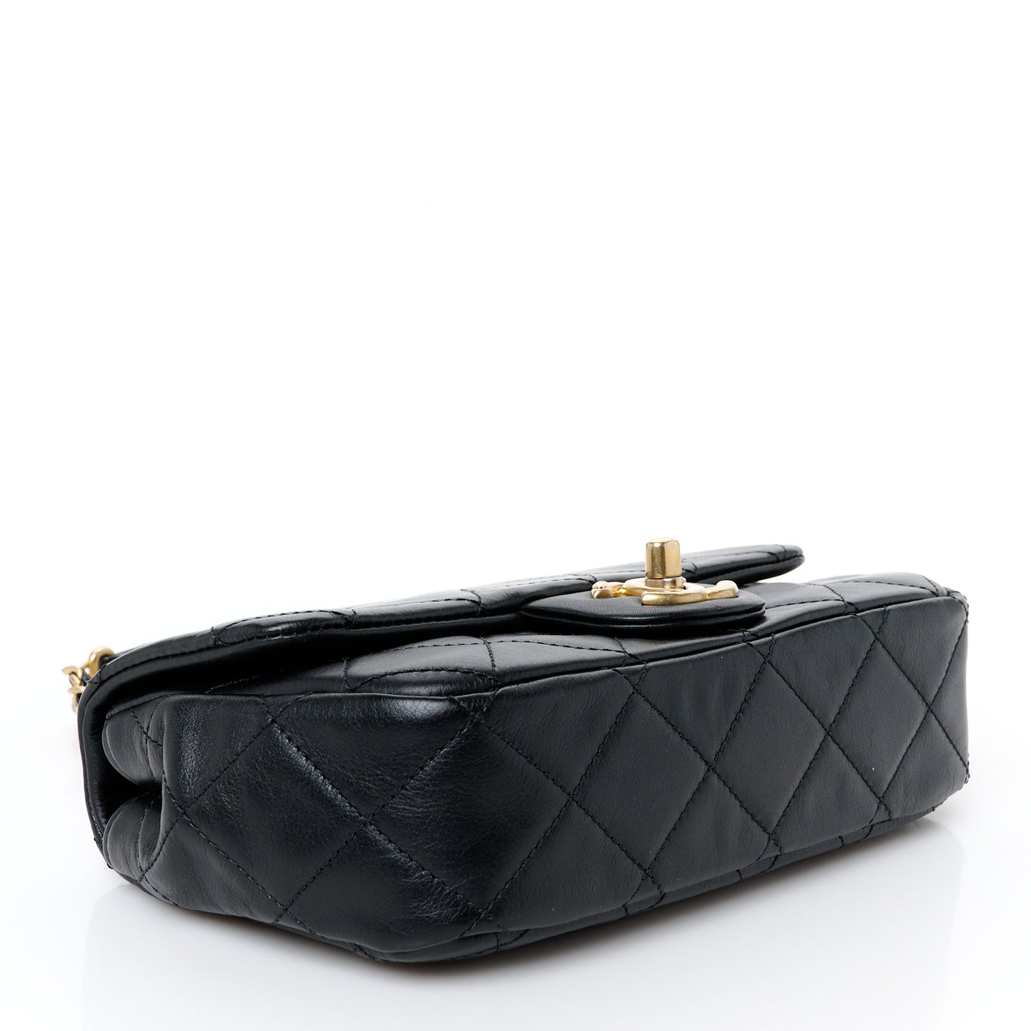 Calfskin Quilted Mini Rectangular Crystal Pearls Chain Flap Black