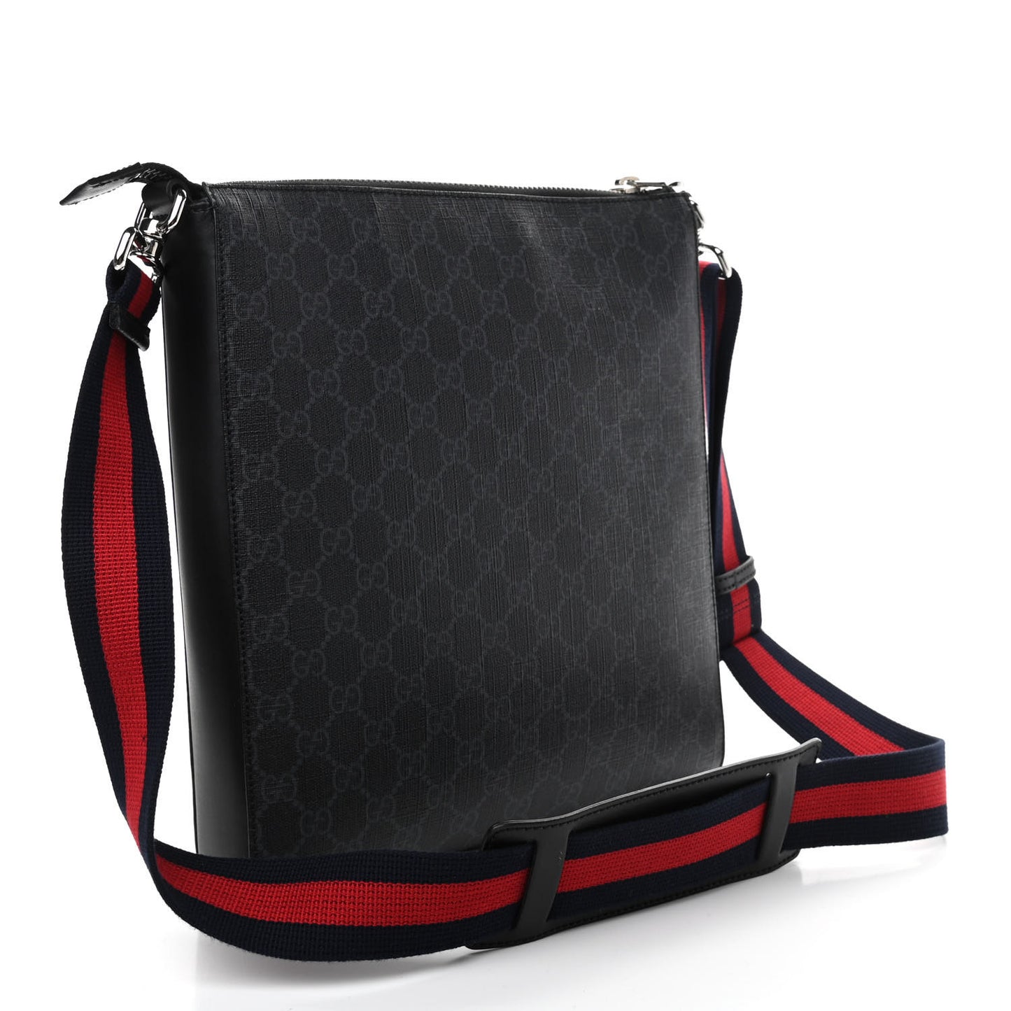 GG Supreme Monogram Appia Calfskin Web Flat Messenger Bag Black Grey