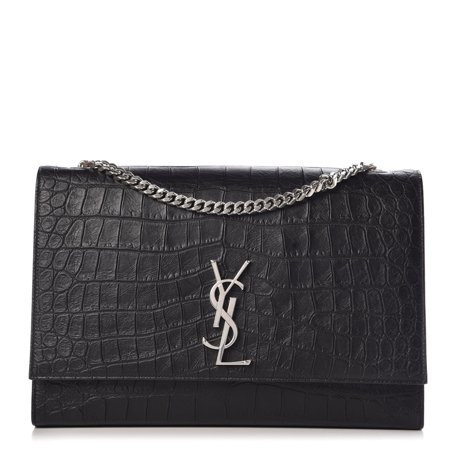 Calfskin Crocodile Embossed Large Classic Monogram Kate Satchel Black