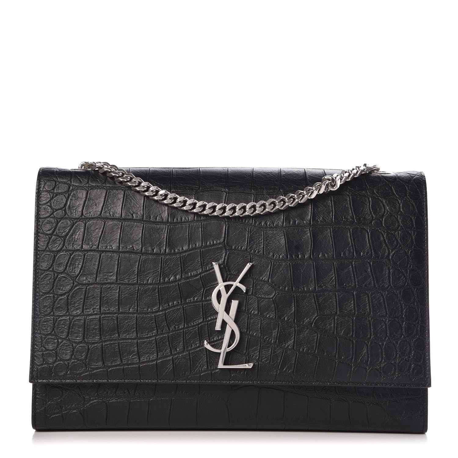 Saint Laurent Calfskin Crocodile Embossed Large Classic Monogram Kate Satchel Black 1 of 9