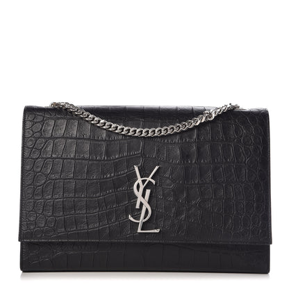 Saint Laurent Calfskin Crocodile Embossed Large Classic Monogram Kate Satchel Black 1 of 9