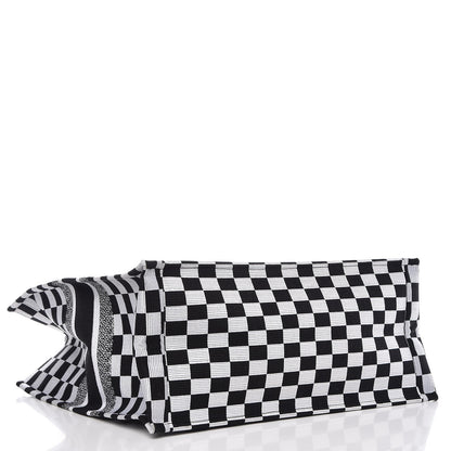 Christian Dior Canvas Embroidered Checkered Book Tote Black White 4 of 9