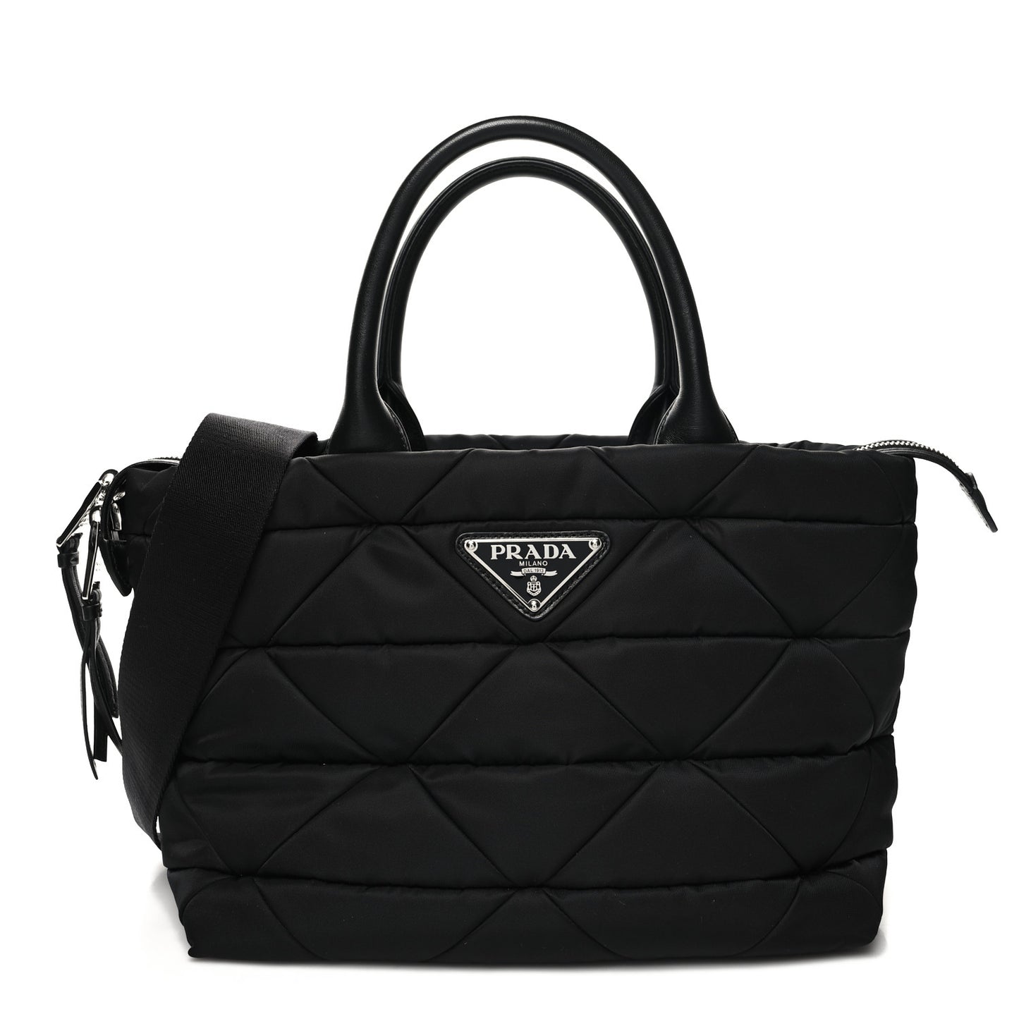 Re-Nylon Nappa Triangle Quilted Padded Small Double Handled Zip Tote Black