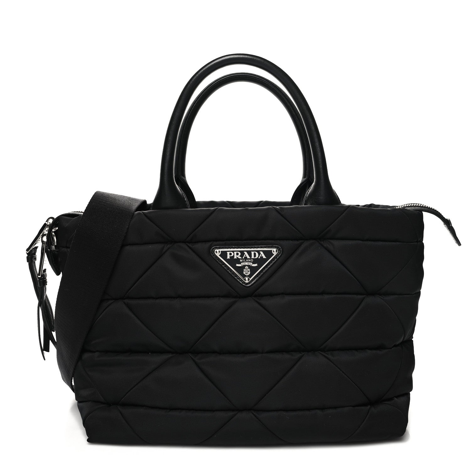 Prada Re-Nylon Nappa Triangle Quilted Padded Small Double Handled Zip Tote Black 1 of 9