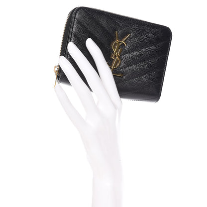Saint Laurent Grain De Poudre Matelasse Chevron Monogram Compact Zip Around Wallet Black 2 of 10