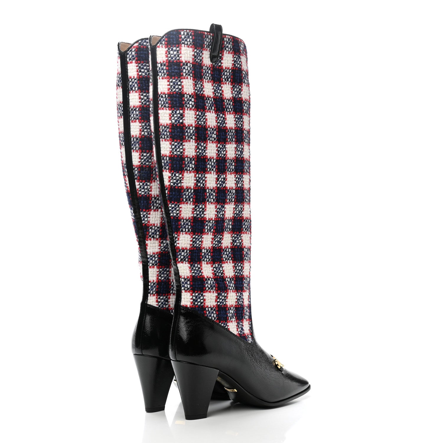Gucci Tweed Naplack Check Zumi Knee Boots 37 White Hibiscus Red Maritime Black 4 of 9