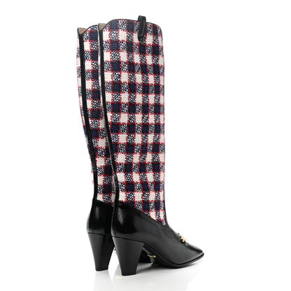 Gucci Tweed Naplack Check Zumi Knee Boots 37 White Hibiscus Red Maritime Black 4 of 9