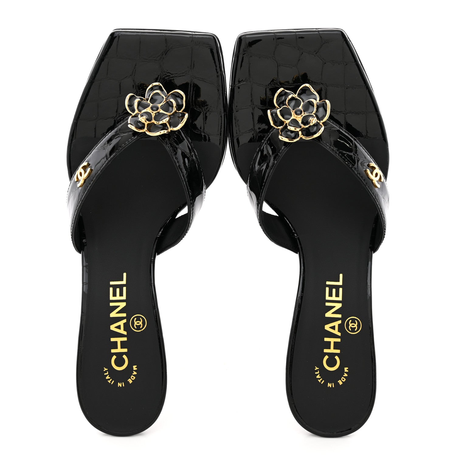 Chanel Crocodile Embossed Patent Calfskin Thong Sandals 37 Black 2 of 10