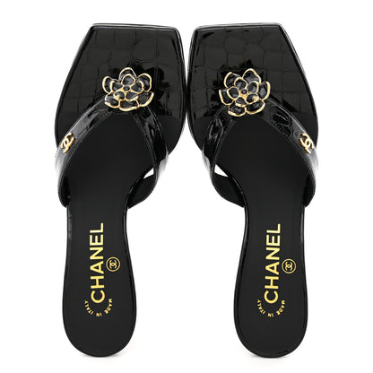 Chanel Crocodile Embossed Patent Calfskin Thong Sandals 37 Black 2 of 10
